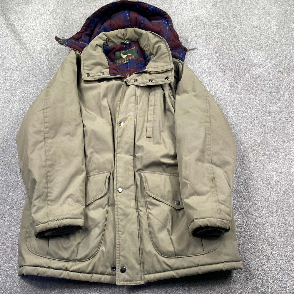 VTG Field Stream Parka Jacket Mens Medium Tan Hooded Plaid Lined Insulated